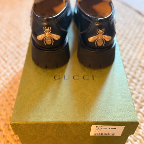 Gucci black leather horsebit lug sole loafers 37.5 - Picture 5 of 8